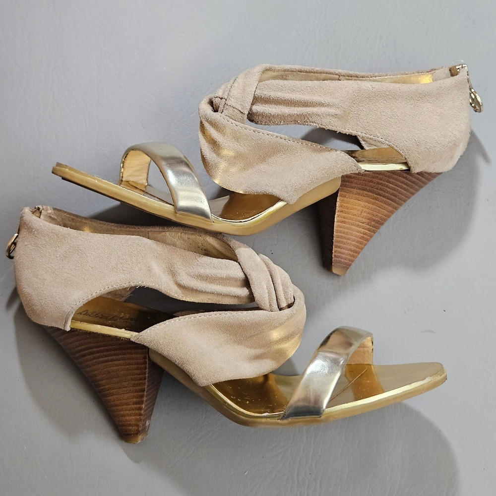 Michael Michael Kors Tan Suede Metallic Gold Cone Heel Sandals 6.5M - Picture 4 of 14